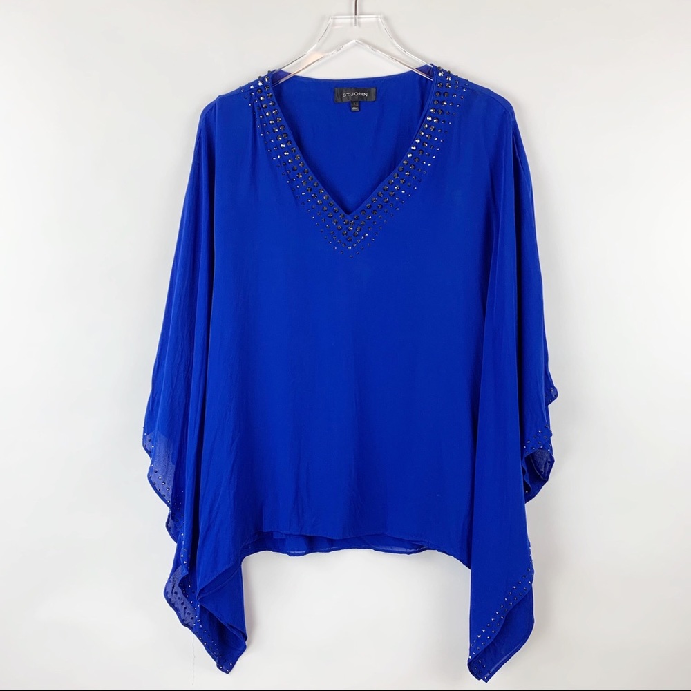 St. John Cobalt Blue Silk Poncho Batwing Bead Top - Picture 2 of 8